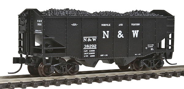 55-Ton Fishbelly Hopper w/Peaked End & Load - Ready to Run -- Norfolk & Western #38292 (black, white, Block N&W)