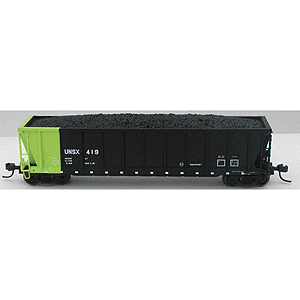 Coalveyor Bathtub Gondola - Assembled w/AccuMate(R) Couplers -- UNSX - Unitrain Services - Iowa Power & Light (black w/Lime Green end)