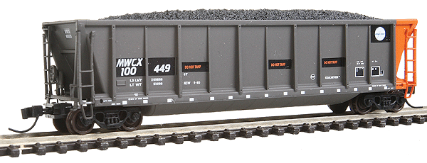 Master Coalveyor Bathtub Gondola - Ready to Run -- Midwest Railcar MWCX #100449 (black, yellow, yellow Conspicuity Markings)