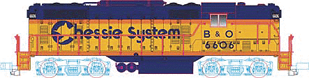 EMD GP9 Phase II w/Torpedo Tube Air Tanks - Standard DC -- Chessie System #6606 (Vermillion, yellow, blue)
