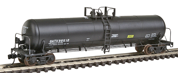 Master Series(TM) 20,700 Gallon Non-Insulated Tank Car 10 Saddles Assembled -- GATX #98512 (black,white,yellow)