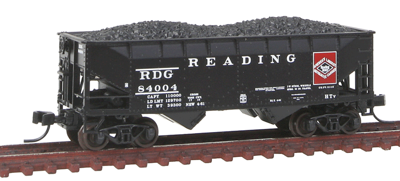 2-Bay Offset-Side Hopper w/Flat Ends & Load - Ready to Run - Master -- Reading #84004 (black, white, Roman Lettering, red Anthracite Logo)