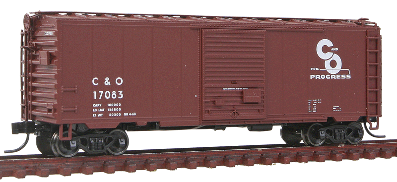 40' PS-1 Boxcar w/8' Door & 12 Stiffener Roof - Ready to Run -- Chesapeake & Ohio #17083 (Boxcar Red, Progress Logo)