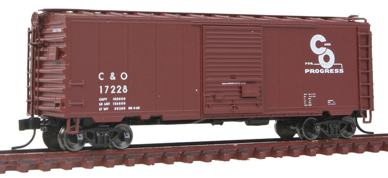 40' PS-1 Boxcar w/8' Door & 12 Stiffener Roof - Ready to Run -- Chesapeake & Ohio #17228 (Boxcar Red, Progress Logo)
