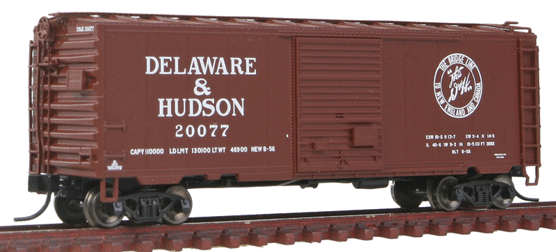 40' PS-1 Boxcar w/8' Door & 12 Stiffener Roof - Ready to Run -- Delaware & Hudson #20077 (Boxcar Red, Bridge Line Logo)