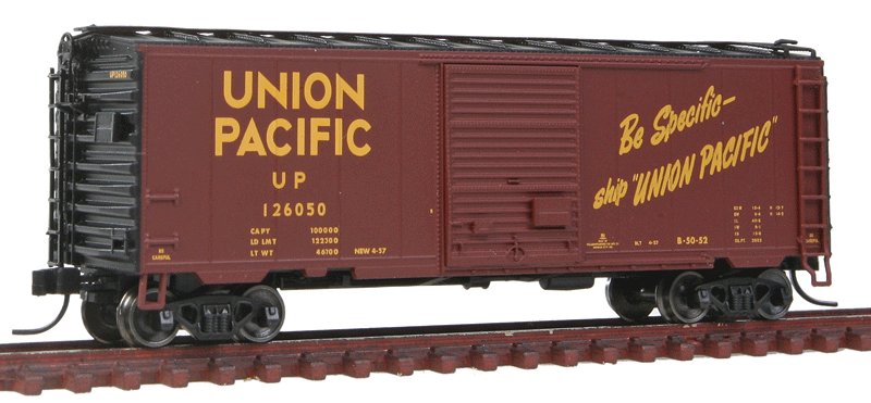 40' PS-1 Boxcar w/8' Door & 12 Stiffener Roof - Ready to Run -- Union Pacific #126050 (Boxcar Red, yellow; "Be Specific..." Slogan)