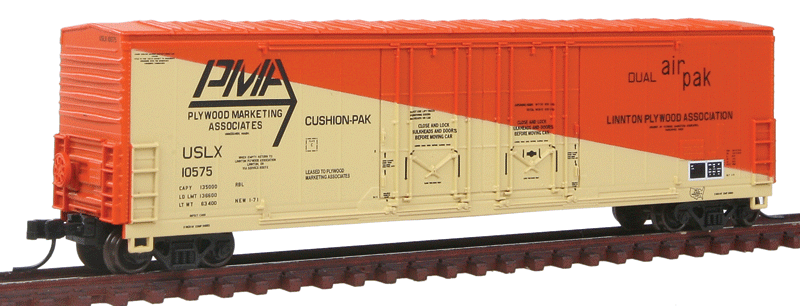 Evans 53' Double Plug-Door Boxcar - Ready to Run - Master -- Plywood Marketing (Linnton) USLX #10575 (yellow, orange)