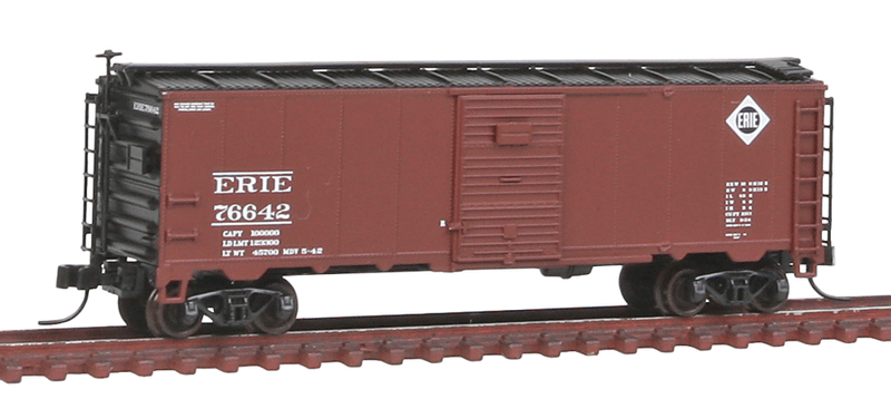 1932 ARA 40' Steel Boxcar - Ready to Run - Master(R) -- Erie #76642 (1942 Scheme, Boxcar Red, black, Small Logo)