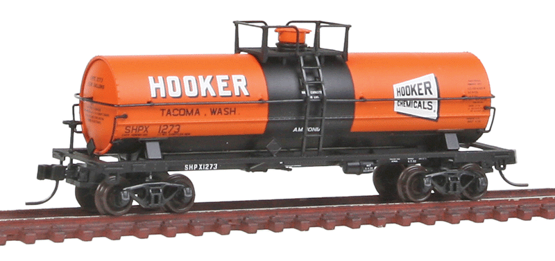 11,000-Gallon Tank Car with Platform - Ready to Run - Master(R) -- Hooker Chemicals SHPX #1273 (Tacoma, Washington; orange, black, white)