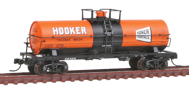 11,000-Gallon Tank Car with Platform - Ready-to-Run - Master(R) -- Hooker Chemicals SHPX #1279 (Tacoma, Washington; orange, black, white)
