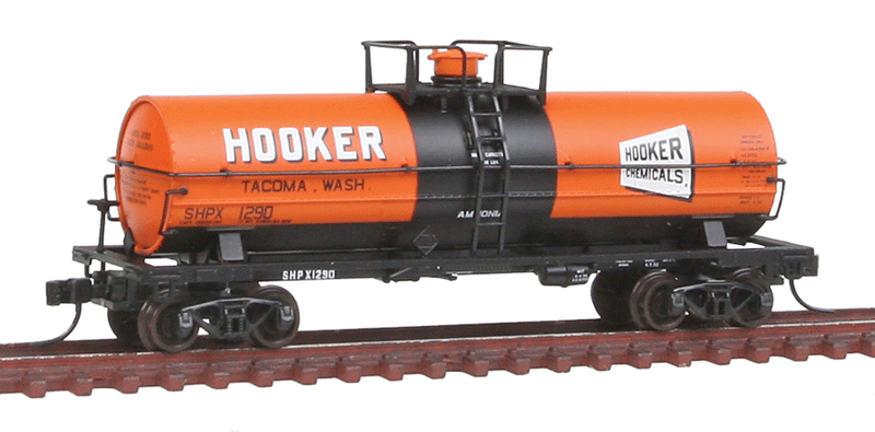 11,000-Gallon Tank Car with Platform - Ready-to-Run - Master(R) -- Hooker Chemicals SHPX #1290 (Tacoma, Washington; orange, black, white)