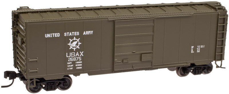 P-S PS-1 40' Boxcar w/8' Door, 12 Stiffener Roof - Ready to Run - Master -- US Army USAX #26875 (olive, Transportation Corps Logo)