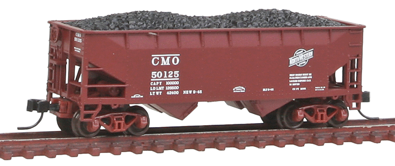2-Bay Offset-Side Hopper w/Flat Ends & Load - Ready to Run - Master(R) -- Chicago & North Western CMO #50125 (Boxcar Red, black System Logo)
