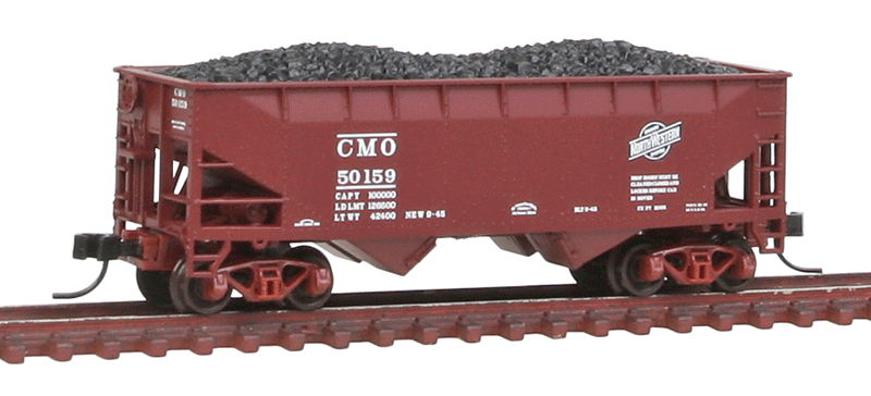 2-Bay Offset-Side Hopper w/Flat Ends & Load - Ready to Run - Master(R) -- Chicago & North Western CMO #50159 (Boxcar Red, black System Logo)