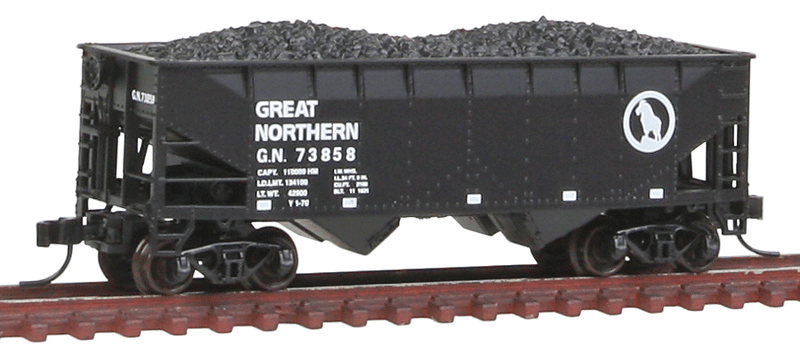 2-Bay Offset-Side Hopper w/Flat Ends & Load - Ready to Run - Master(R) -- Great Northern #73858 (black, white, Large Rocky Silhouette)