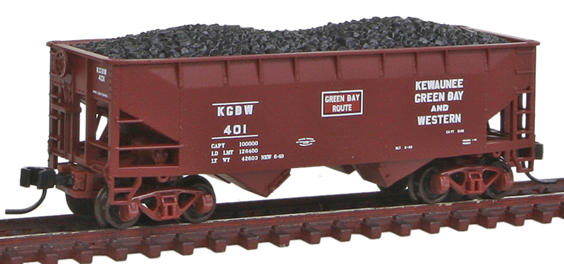 2-Bay Offset-Side Hopper w/Flat Ends & Load - Ready to Run - Master(R) -- Kewaunee, Green Bay & Western #401 (Boxcar Red, red, white)