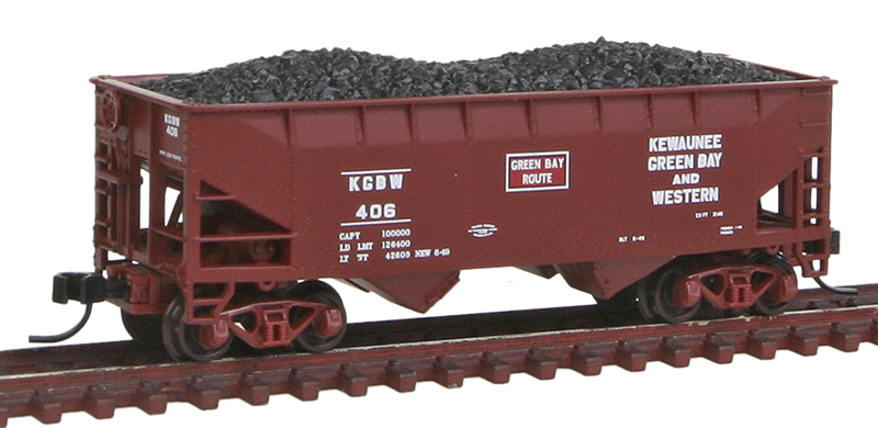 2-Bay Offset-Side Hopper w/Flat Ends & Load - Ready to Run - Master(R) -- Kewaunee, Green Bay & Western #406 (Boxcar Red, red, white)