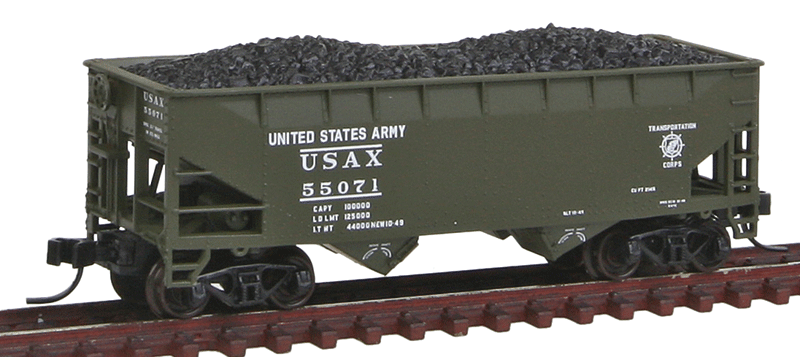 2-Bay Offset-Side Hopper w/Flat Ends & Load - Ready to Run - Master(R) -- United States Army USAX #55071 (black, white, Transportation Corps Logo)