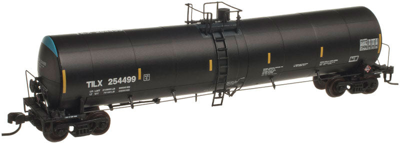 Trinity 25,500-Gallon Tank Car - Ready to Run - Master(R) -- TILX #254558 (Crude Oil Service, black, blue, yellow Conspicuity Markings)