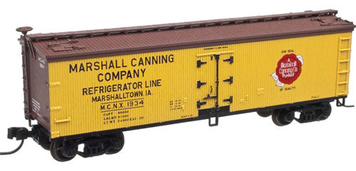 40' Wood Reefer - Ready to Run - Master(R) -- Marshall Canning Company MCNX #1933 (yellow, Boxcar Red, black, red)