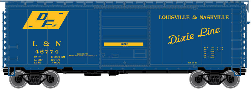 P-S PS-1 40' Boxcar w/8' Door, 12 Stiffener Roof - Ready to Run - Master(R) -- Louisville & Nashville #46778 (blue, yellow, Dixie Line, Large DF Markings)