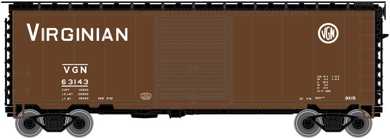 P-S PS-1 40' Boxcar w/8' Door, 12 Stiffener Roof - Ready to Run - Master(R) -- Virginian #63003 (Boxcar Red, black, white)