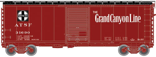 PS-1 40' Boxcar w/6'Door & 12-Stiffener Roof - Ready to Run -- Santa Fe #31690 (Boxcar Red, black, Grand Canyon Slogan)