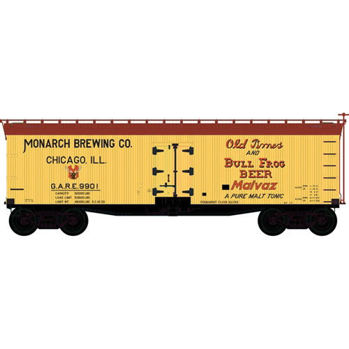 40' Wood Reefer - Ready to Run - Master(R) -- Monarch Brewing Company GARE #9904 (yellow, Boxcar Red, red)