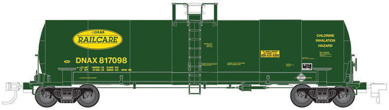 ACF 17,360-Gallon Chlorine Tank Car - Ready to Run - Master(R) -- Dana Railcare DNAX #817084 (green, yellow)