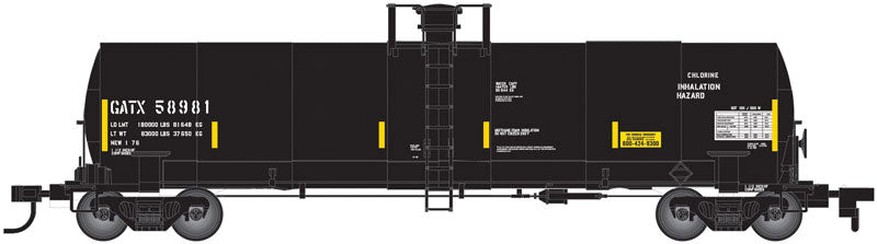 ACF 17,360-Gallon Chlorine Tank Car - Ready to Run - Master(R) -- General American Tankcar #58987 (black, yellow Conspicuity Marks)