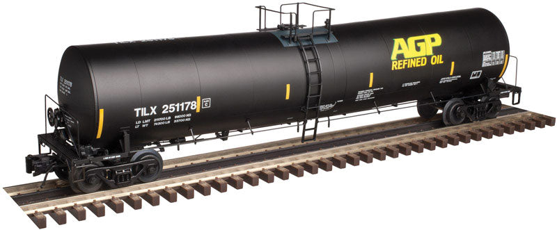 Trinity 25,500-Gallon Tank Car - Ready to Run -- AGP #251180 (black, yellow, green, Refined Oil)
