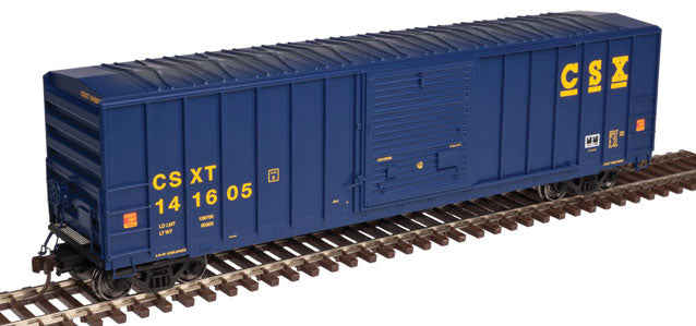 FMC 5077 50' Single-Door Boxcar - Ready to Run -- CSX #141605 (blue, yellow, Ease Up Markings)