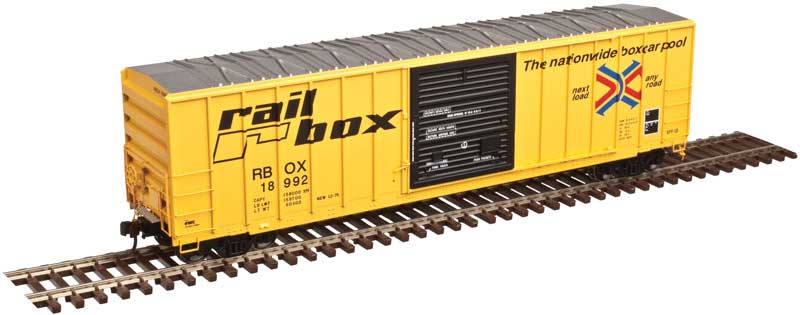 FMC 5077 50' Single-Door Boxcar - Ready to Run -- Railbox #18992 (Early Scheme, yellow, black, Large Logo)