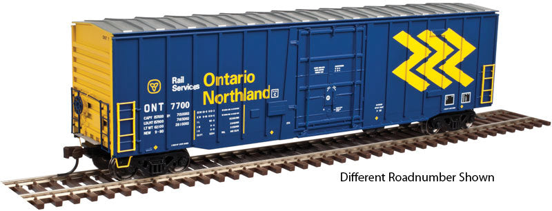 NSC 5111 50' Plug-Door Boxcar - Ready to Run -- Ontario Northland #7705 (blue, yellow, Chevron Logo)