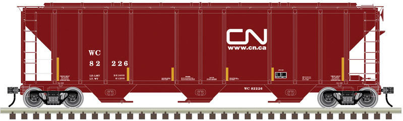 PS-2 4427 3-Bay Covered Hopper - Ready to Run - Master(R) -- Canadian National 82226 (Boxcar Red, yellow conspicuity marks, Website Logo)