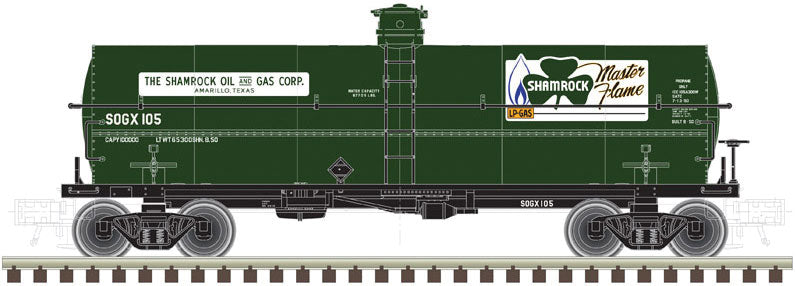 ACF 11,000-Gallon Tank Car No Platform - Ready to Run - Master(R) -- Shamrock Oil & Gas SOGX #100 (green, white)