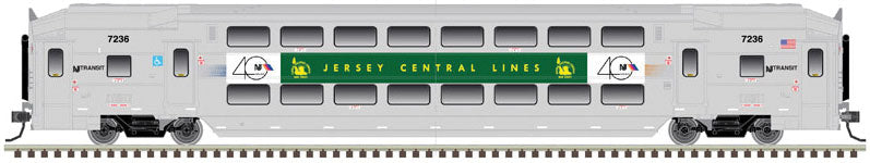 Multi-Level Commuter Coach Trailer with Toilet - Ready to Run - Master(R) -- New Jersey Transit #7236 (Central of New Jersey Heritage; silver, green)