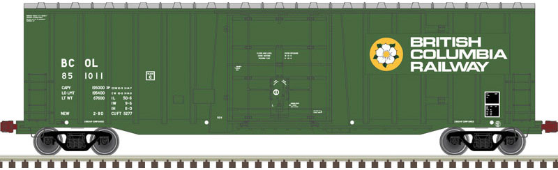 NSC 5277 50' Plug-Door Boxcar - Ready to Run -- British Columbia Railway 851012 (green, white, yellow)