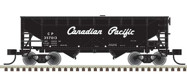 2-Bay Offset-Side Hopper with Flat Ends & Load - Ready to Run - Master(R) -- Canadian Pacific 357018 (black, white, Script Lettering)