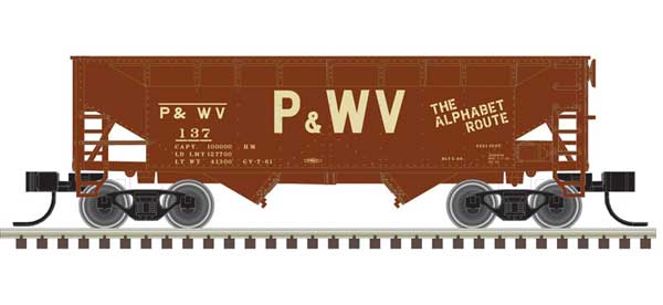 2-Bay Offset-Side Hopper with Flat Ends & Load - Ready to Run - Master(R) -- Pittsburgh & West Virginia 137 (Boxcar Red, tan)