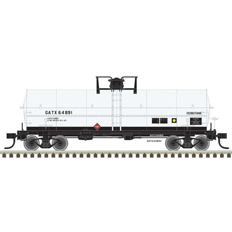 11,000-Gallon Tank Car w/Platform - Ready to Run - Master(R) -- GATX #64891 (white, black, Isobutane)