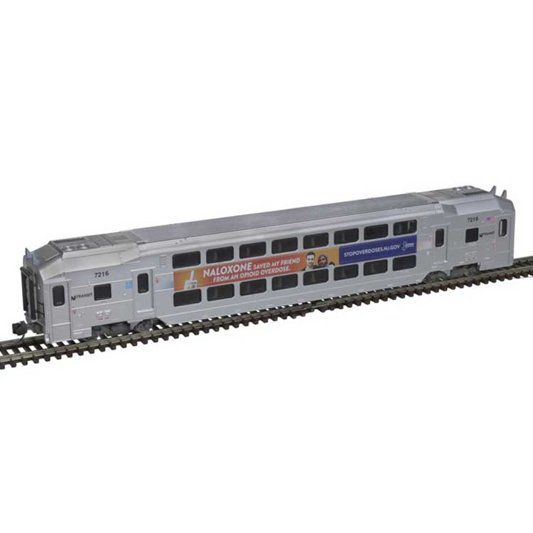 Multi-Level Commuter Coach Trailer - Ready to Run -- New Jersey Transit #7513 (silver, magenta, orange, blue, Naloxone Banner)