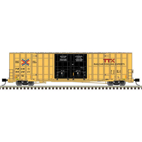 Gunderson 7550 Double-Door Boxcar 3-Pack - Ready to Run -- TTX TBOX #664059, 664172, 664204 (yellow, black, red logo