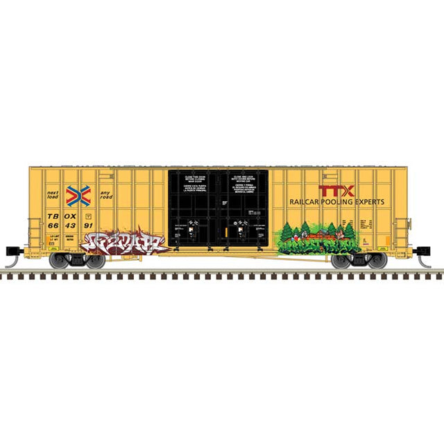 Gunderson 7550 Double-Door Boxcar - Ready to Run -- TTX TBOX #664263 (yellow, black, red logo, Graffiti)