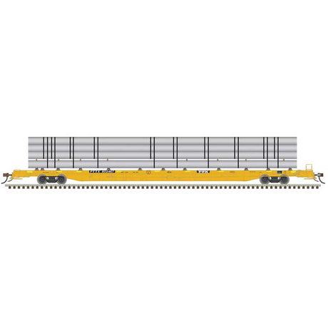 ACF 89' F89-J Flatcar w/Deck Risers & Silver Pipe Load - Ready to Run -- TTX PTTX #602467 (yellow, black, yellow conspicuity marks)