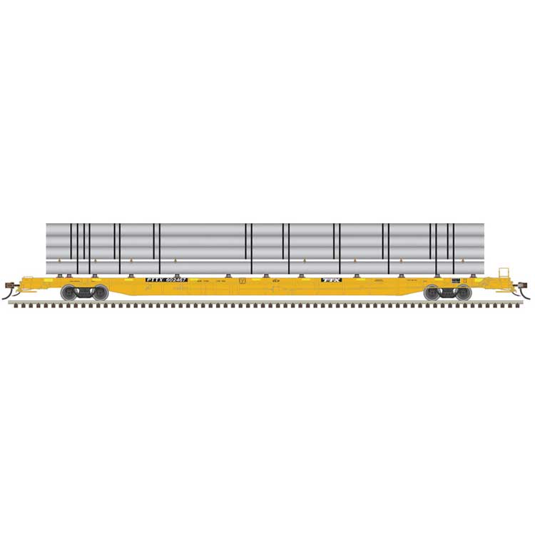ACF 89' F89-J Flatcar w/Deck Risers & Silver Pipe Load - Ready to Run -- TTX PTTX #602479 (yellow, black, yellow conspicuity marks)