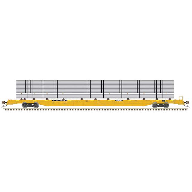 ACF 89' F89-J Flatcar w/Deck Risers & Silver Pipe Load - Ready to Run -- TTX PTTX #602479 (yellow, black, yellow conspicuity marks)