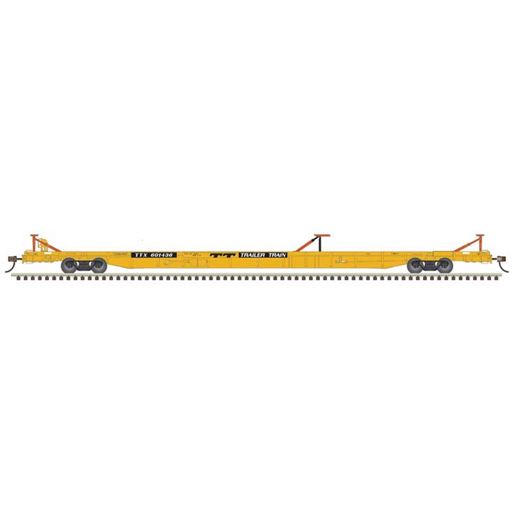 ACF 89' F89-J Flatcar w/Mid & End Hitches- Ready to Run -- Trailer-Train TTX #601765 (1970s, yellow, black)