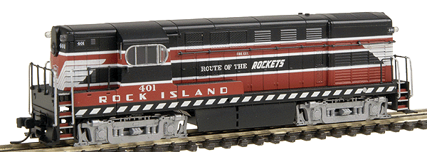 F-M H15-44 Early Body, Square Windows, Body Handrail w/DCC -- Rock Island #401 "Rockets Scheme" (red, black, white)