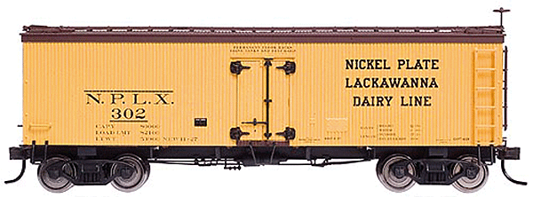 36' Wood Reefer - Assembled -- Nickel Plate DLW #302 (yellow, brown, black)